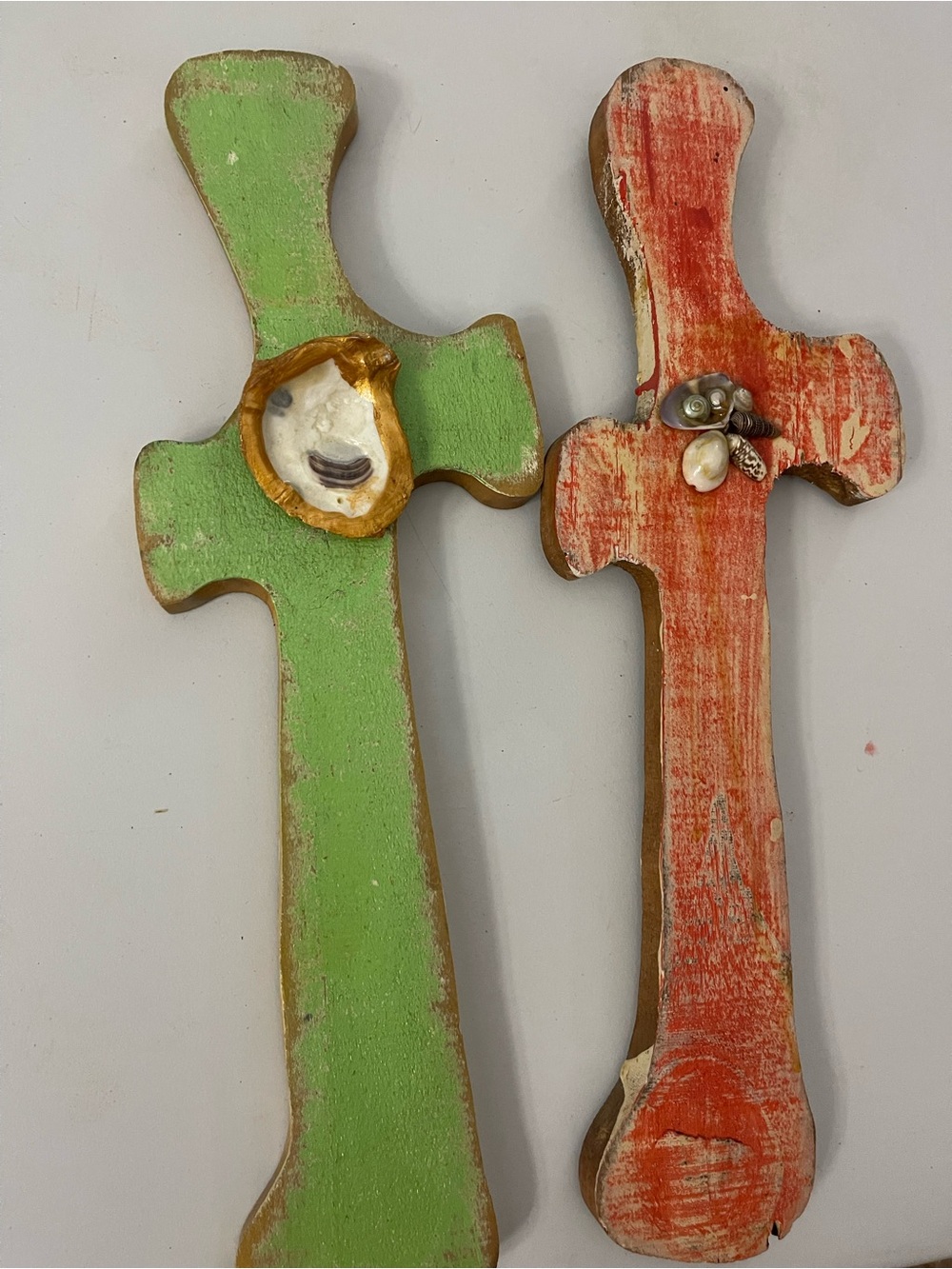 Green and Orange Rustic Wooden Cross Wall Decor - Coastal Accent